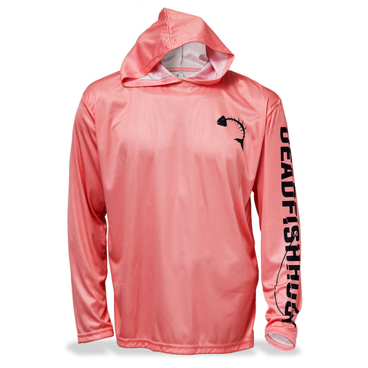 Dead Fish Hook long sleeve performance fishing shirt in coral with school of fish print on back - front view
