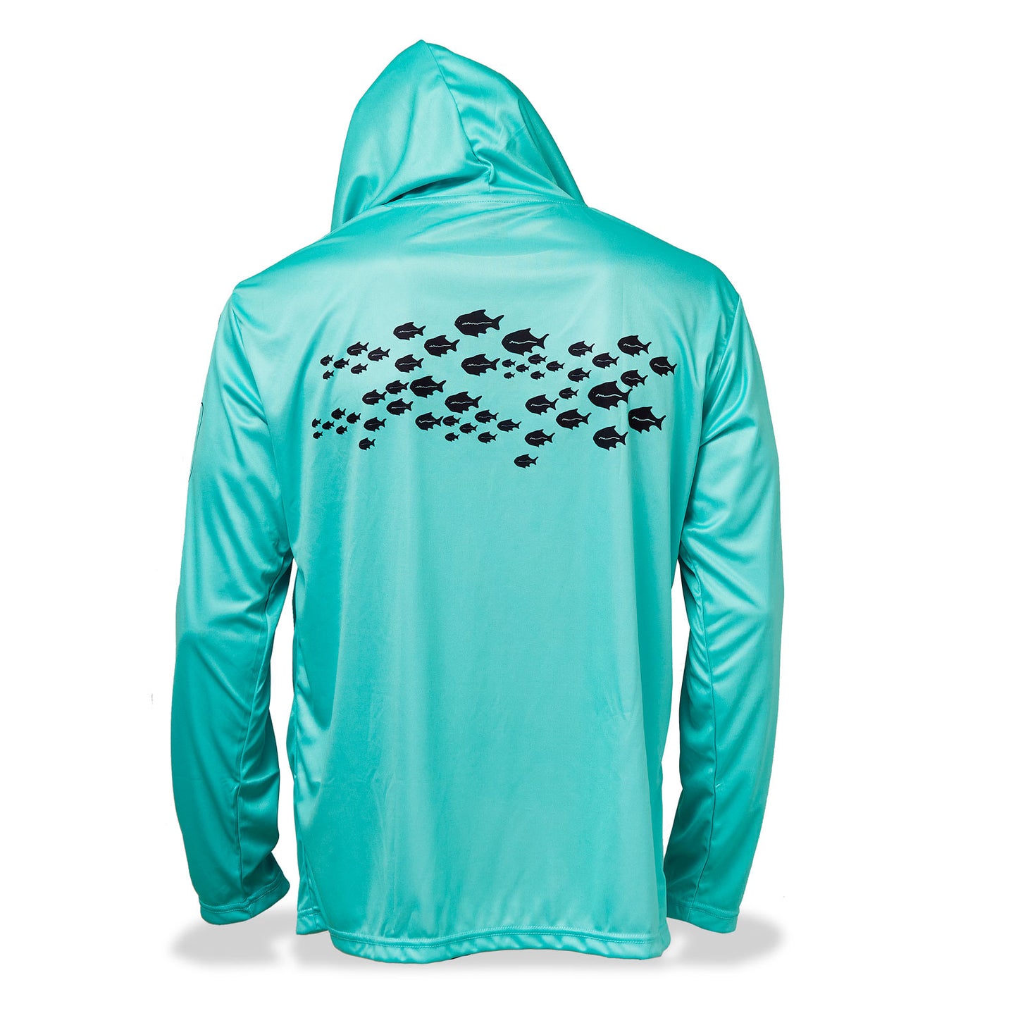 Dead Fish Hook long sleeve performance fishing shirt in turquoise with school of fish print on back - back view