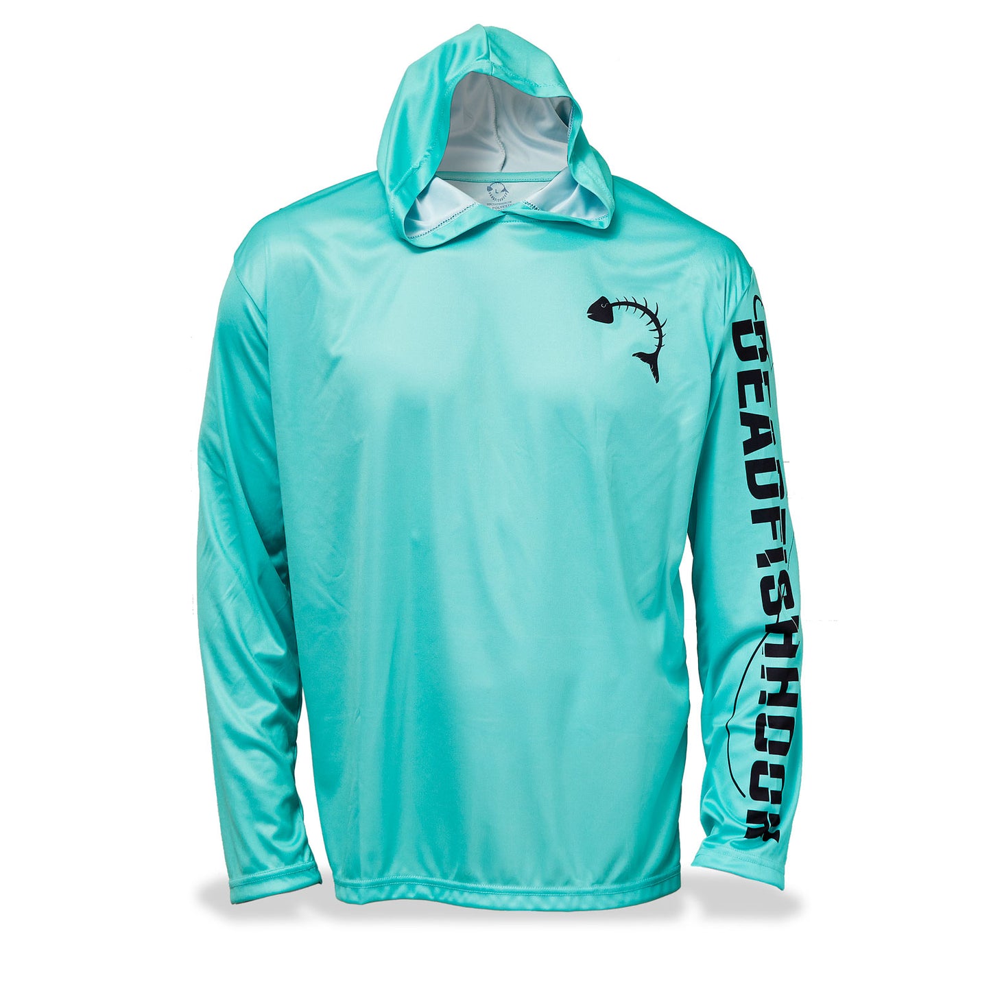 Dead Fish Hook long sleeve performance fishing shirt in turquoise with school of fish print on back - front view