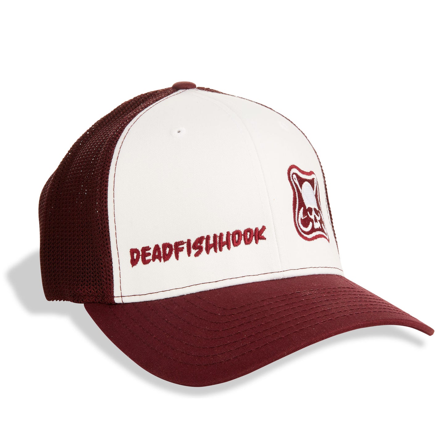 Dead Fish Hook maroon white brand patch trucker hat front