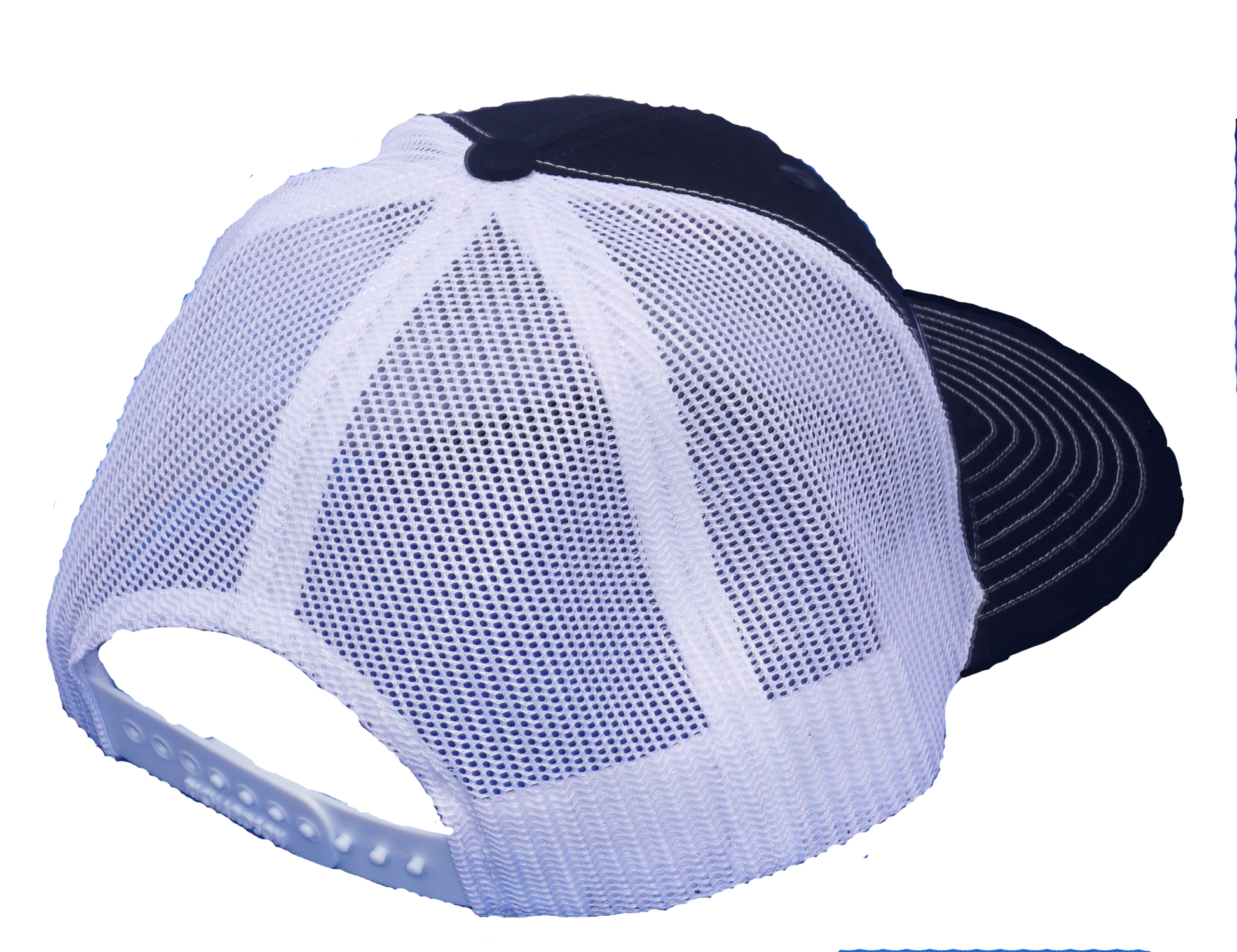 Dead Fish Hook navy with center front red skull navy thread outline truckers hat back view