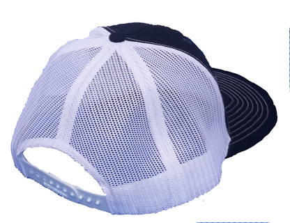 Dead Fish Hook navy with center front red skull navy thread outline truckers hat back view