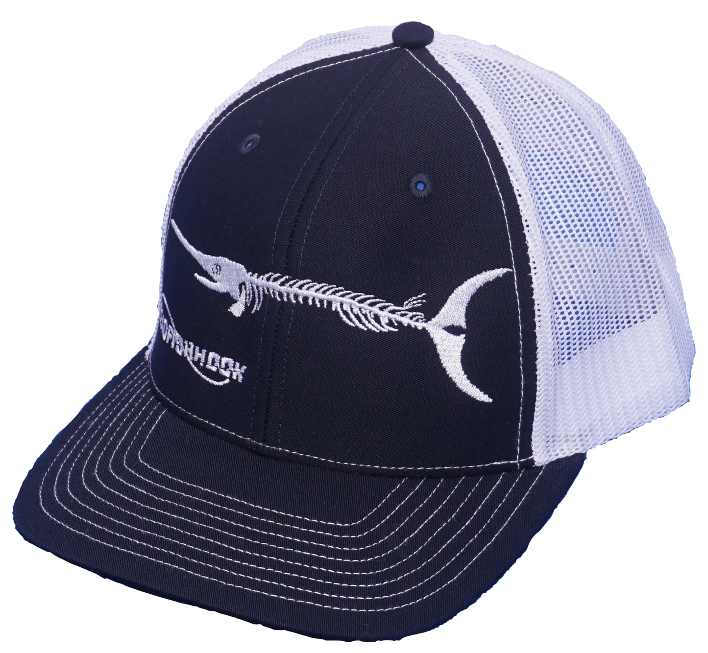 Dead Fish Hook navy with white fish bone logo hat front view