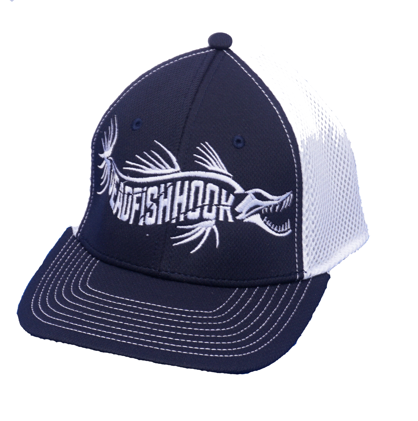 Dead Fish Hook navy with white large fish logo and white details trucker hat front view 