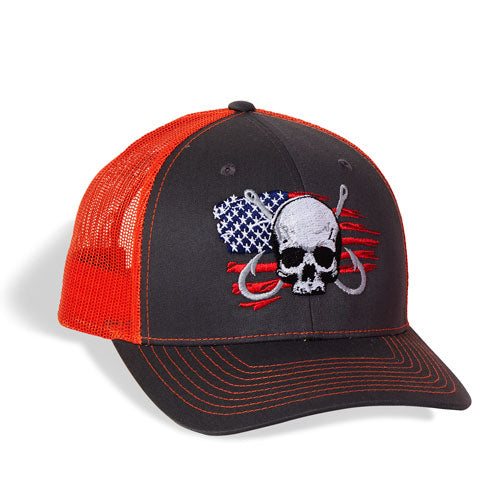 Dead Fish Hook orange and grey patriotic American flag behind white skull and hooks logo truckers front