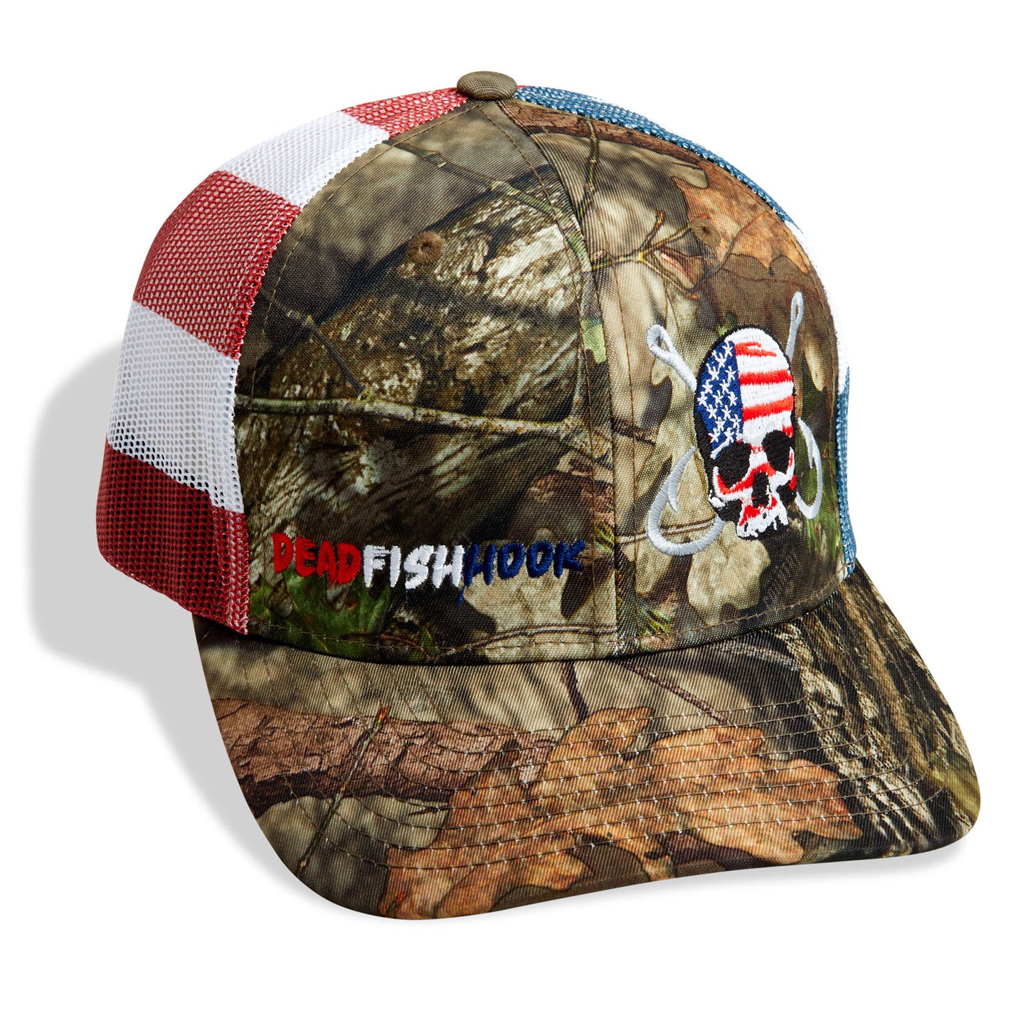 Dead Fish Hook American flag camouflage trucker hat with patriotic skull and hooks logo front 