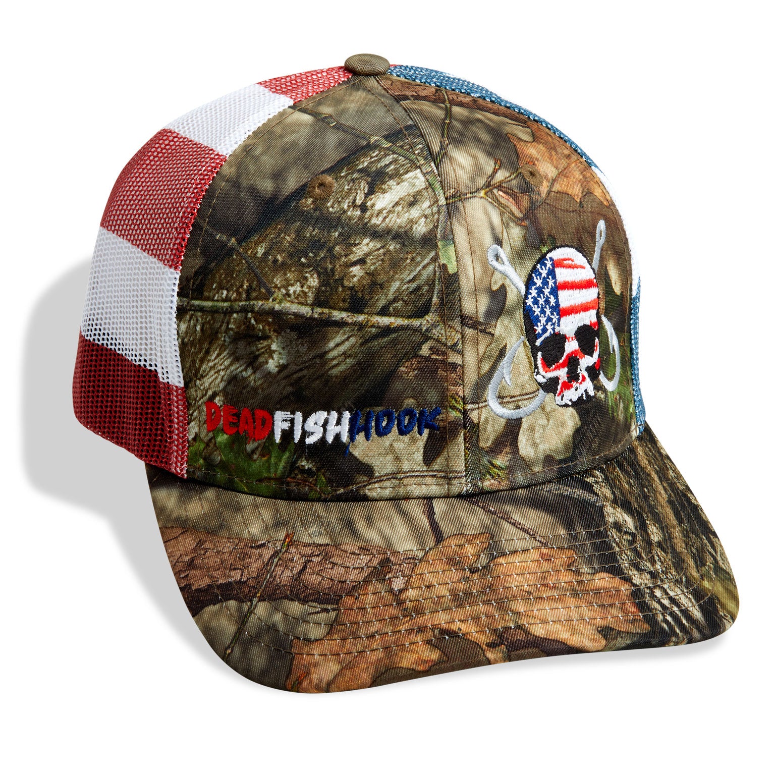 Dead Fish Hook American flag camouflage trucker hat with patriotic skull and hooks logo front 