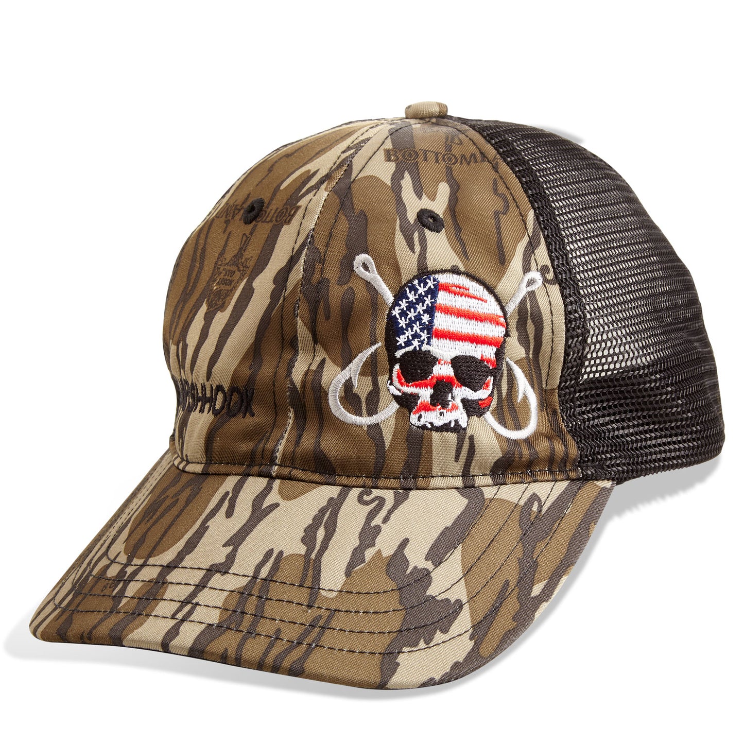 Dead Fish Hook patriotic skull and hooks logo camouflage trucker hat front