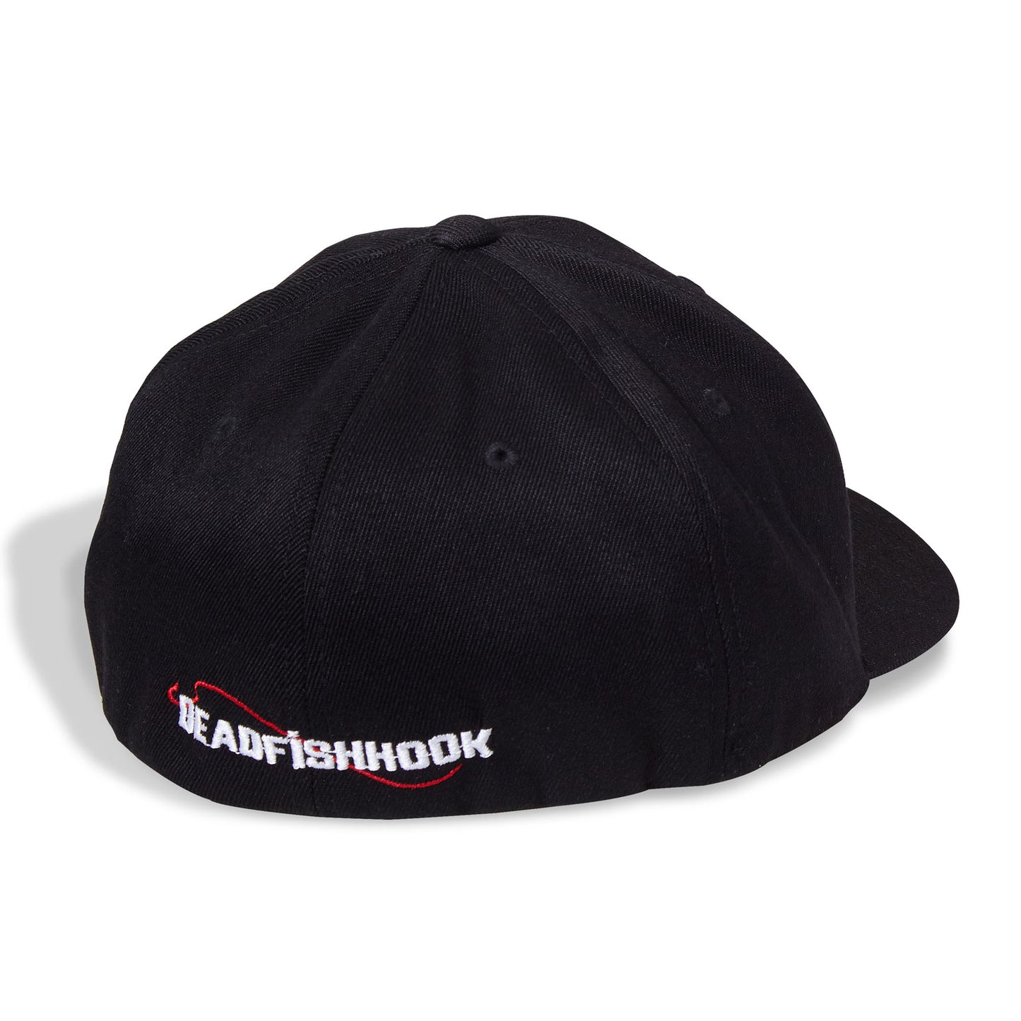Dead Fish Hook black cap with patriotic shark on center front back view 