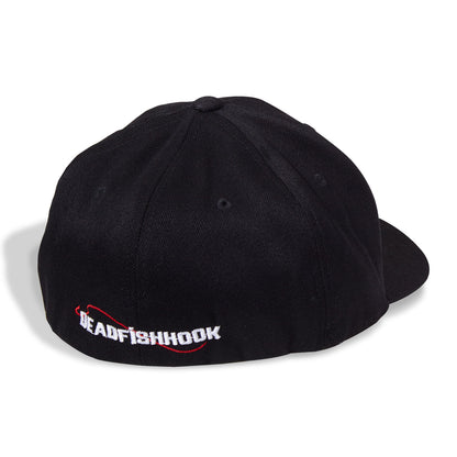 Dead Fish Hook black cap with patriotic shark on center front back view 