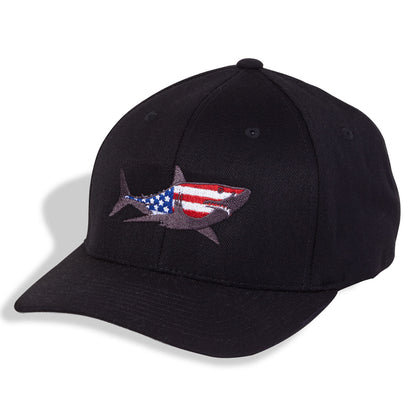 Dead Fish Hook black cap with patriotic shark on center front front view 