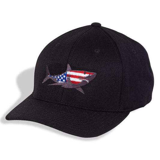 Dead Fish Hook black cap with patriotic shark on center front front view 