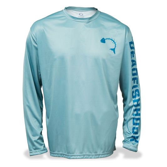 Dead Fish Hook long sleeve performance fishing shirt in aqua with logo down left arm front view 