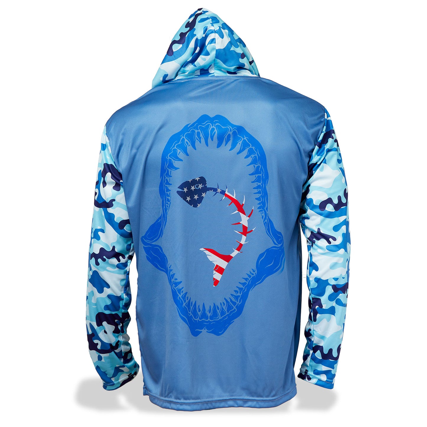 Dead Fish Hook long sleeve performance fishing hoodie shirt with blue and white camouflage print and USA flag print fish bone inside shark teeth - back view