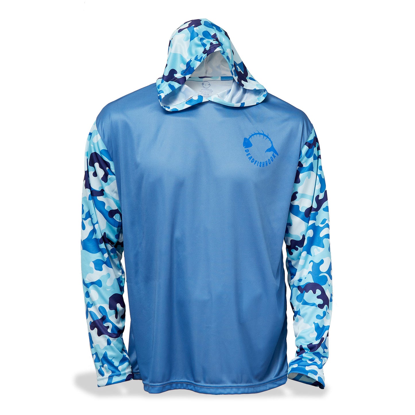 Dead Fish Hook long sleeve performance fishing hoodie shirt with blue and white camouflage print - front view