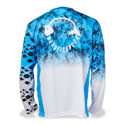 Dead Fish Hook long sleeve performance fishing shirt with blue and white print school of fish print on sleeve and fish bone logo on back  - back view