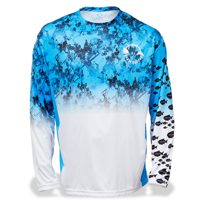 Dead Fish Hook long sleeve performance fishing shirt with blue and white print school of fish print on sleeve - front view