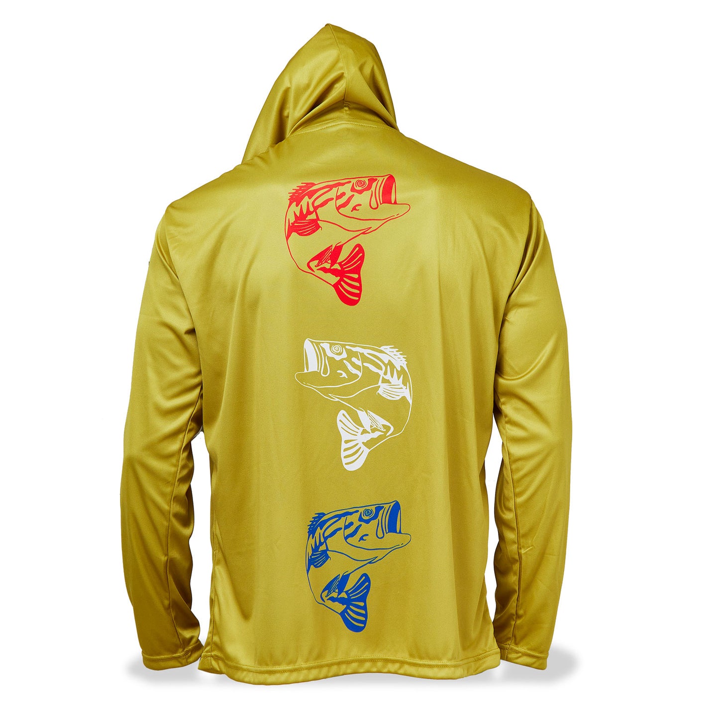 Dead Fish Hook long sleeve hoodie performance fishing shirt for men in mustard yellow with three red white and blue colored fish print back view