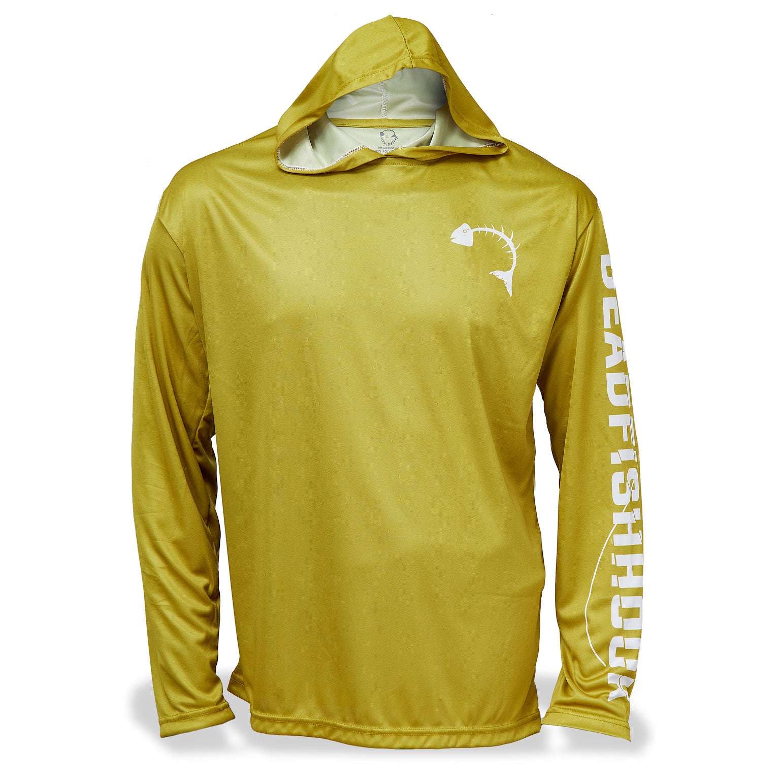 Dead Fish Hook long sleeve hoodie performance fishing shirt for men in mustard yellow with fish bone logo - front view