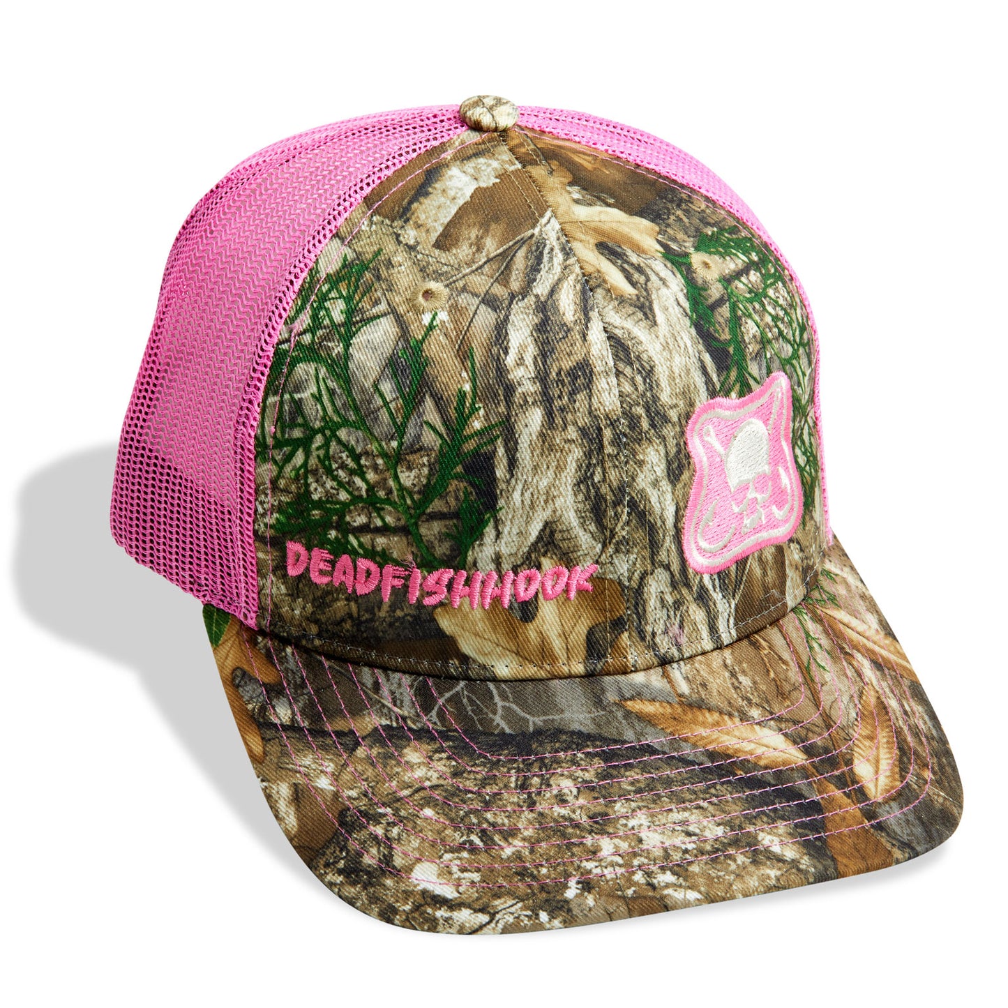 Dead Fish Hook pink Camo Lure Truckers Hat logo patch front view