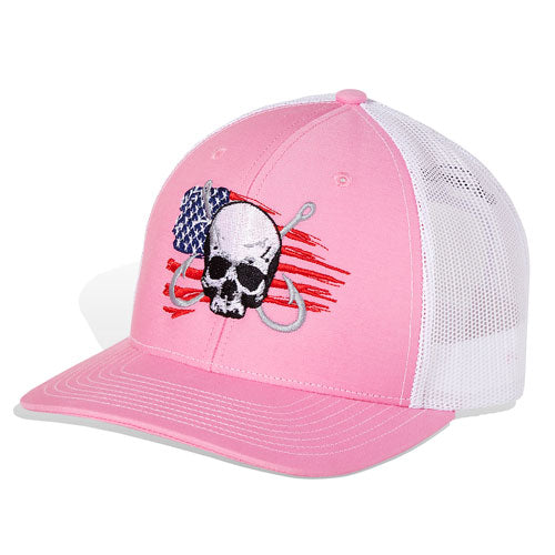 Dead Fish Hook pink and white patriotic American flag behind white skull and hooks logo truckers front