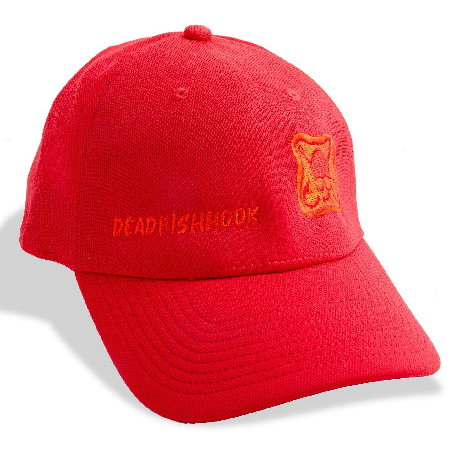 Dead Fish Hook red cap hat with logo embroidery front view
