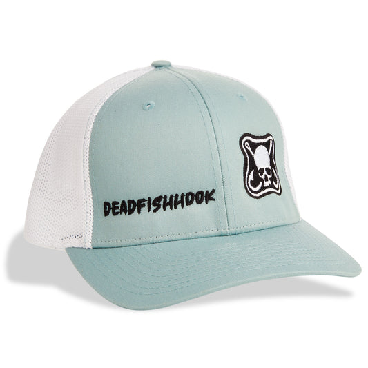 Dead Fish Hook sea green white black logo patch trucker hat front
