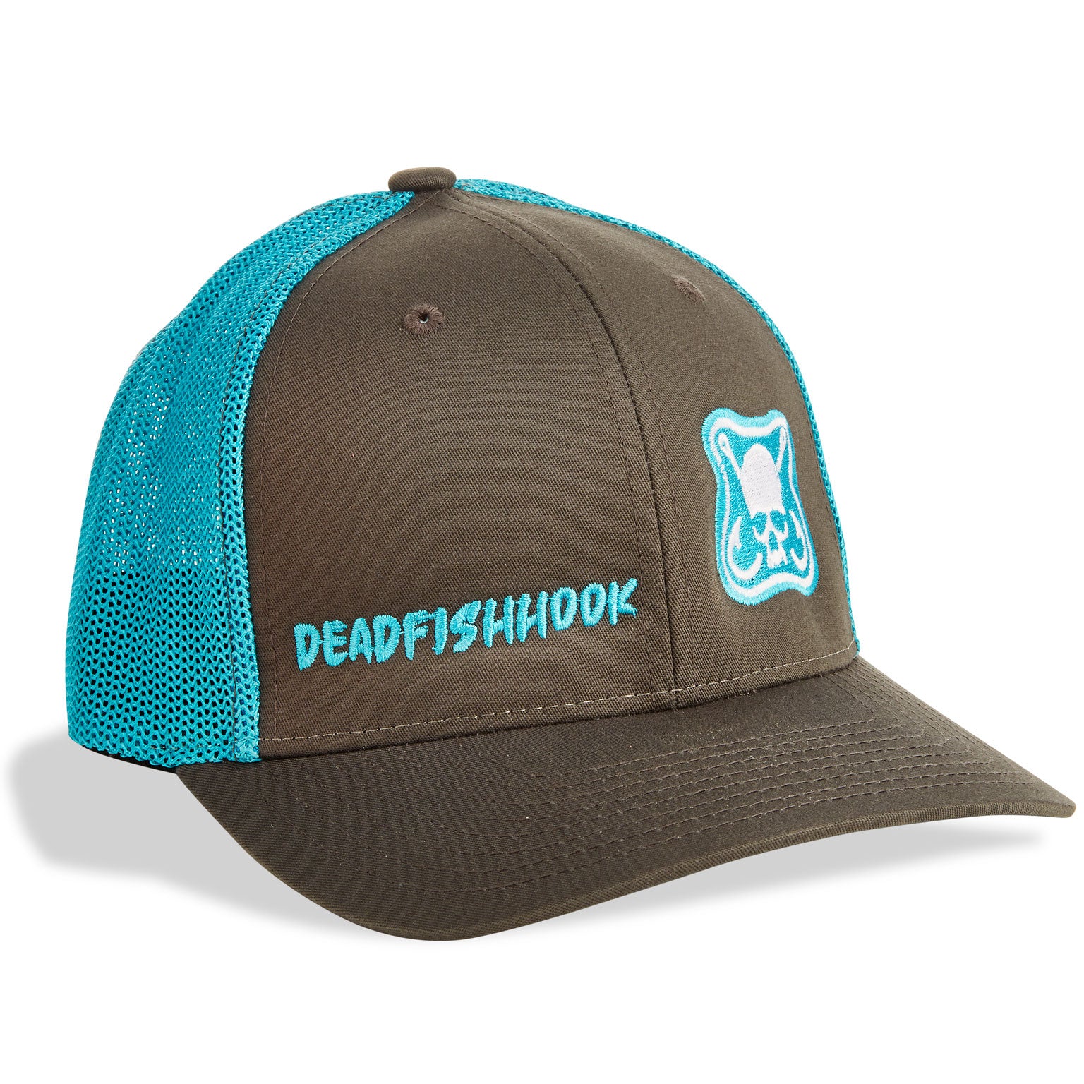 Dead Fish Hook teal grey brand patch trucker hat front 
