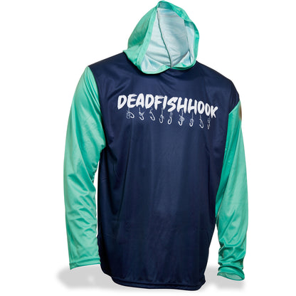 Dead Fish Hook teal navy long sleeve performance fishing hoodie white logo lettering in white front view 