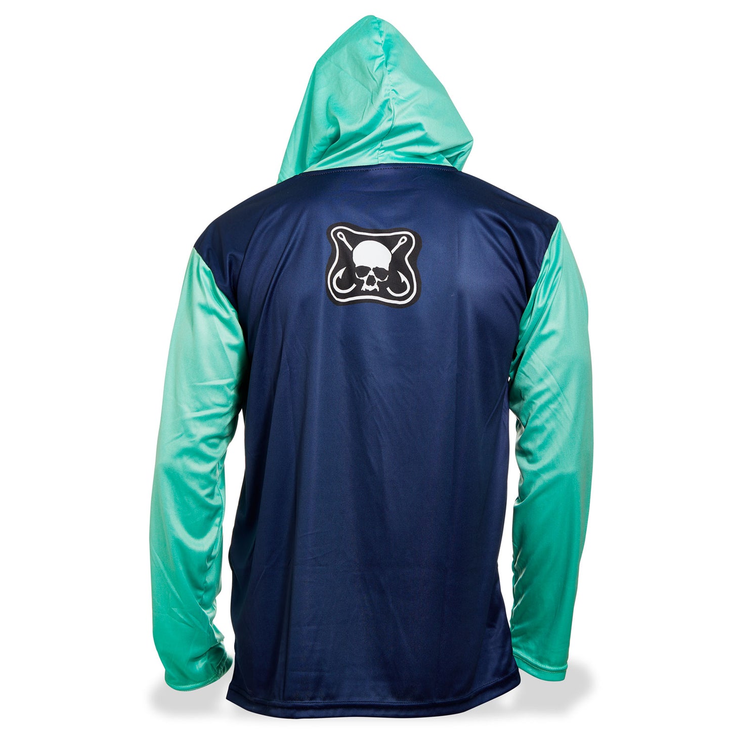 Dead Fish Hook teal navy long sleeve performance fishing hoodie logo patch back 