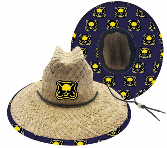 Dead Fish Hook yellow and navy brand logo patch straw fishing hat