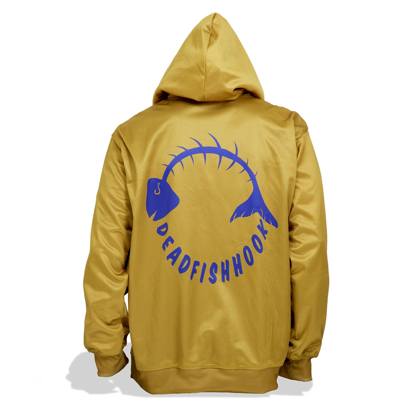 Dead Fish Hook front zipper hoodie jacket gold with fish bone logo center back - back view