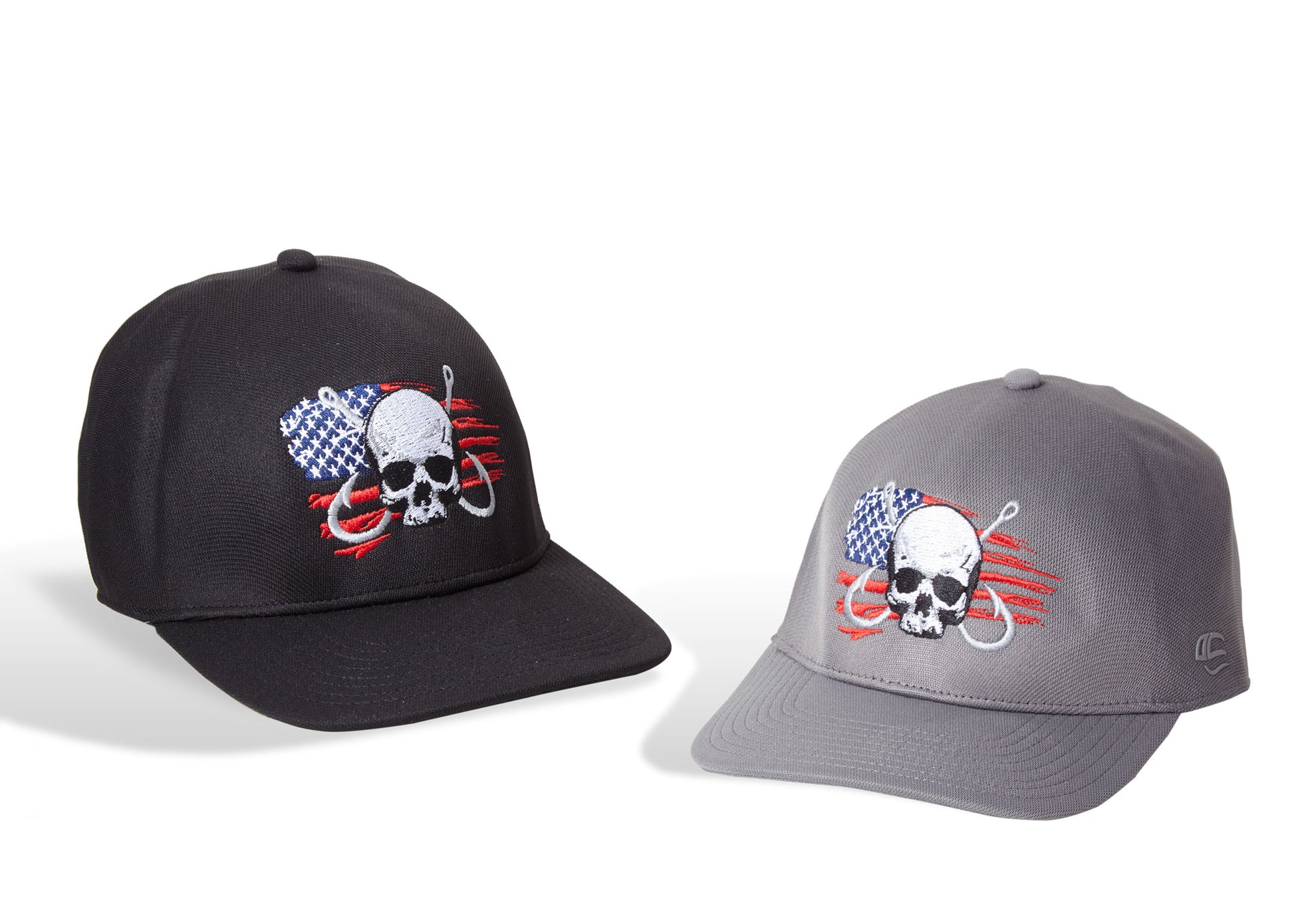 dead fish hook black cap and grey cap featuring embroidered skull and hooks logo over american flag 